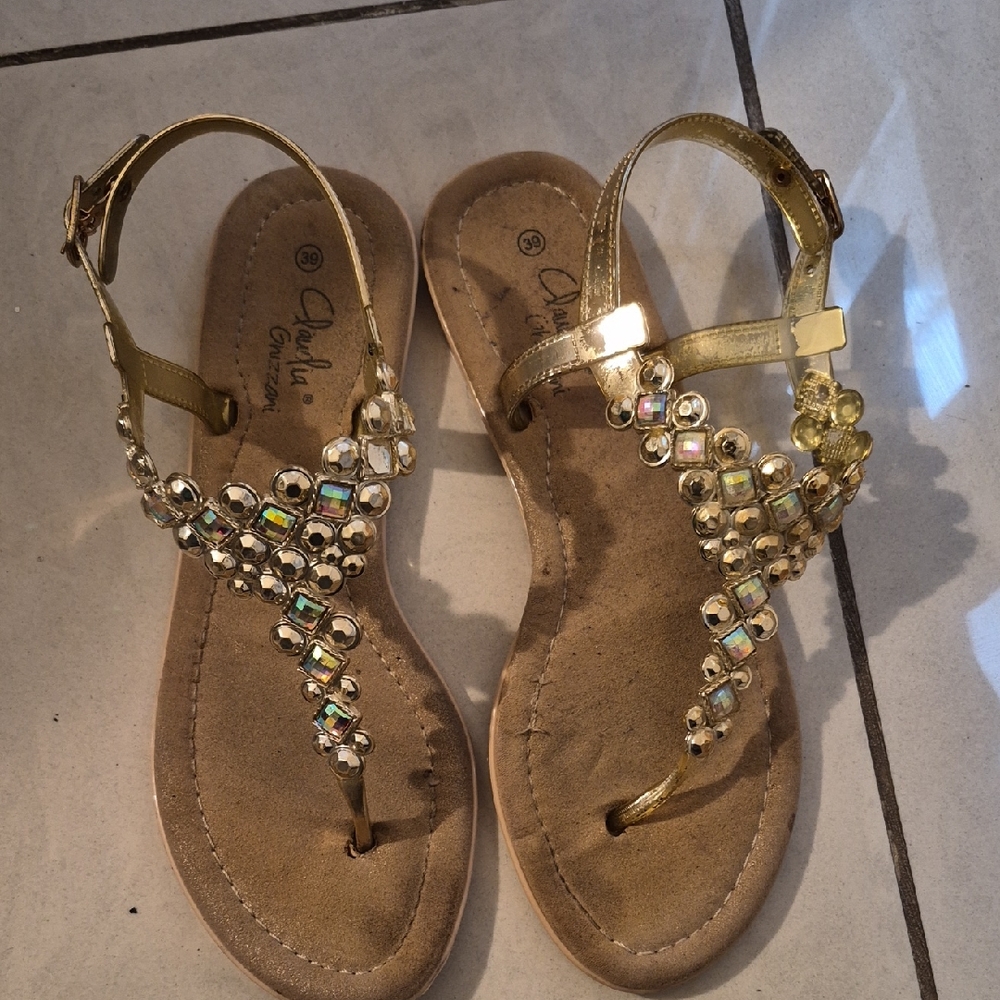 Gold Jeweled T-Strap Women's Sandals